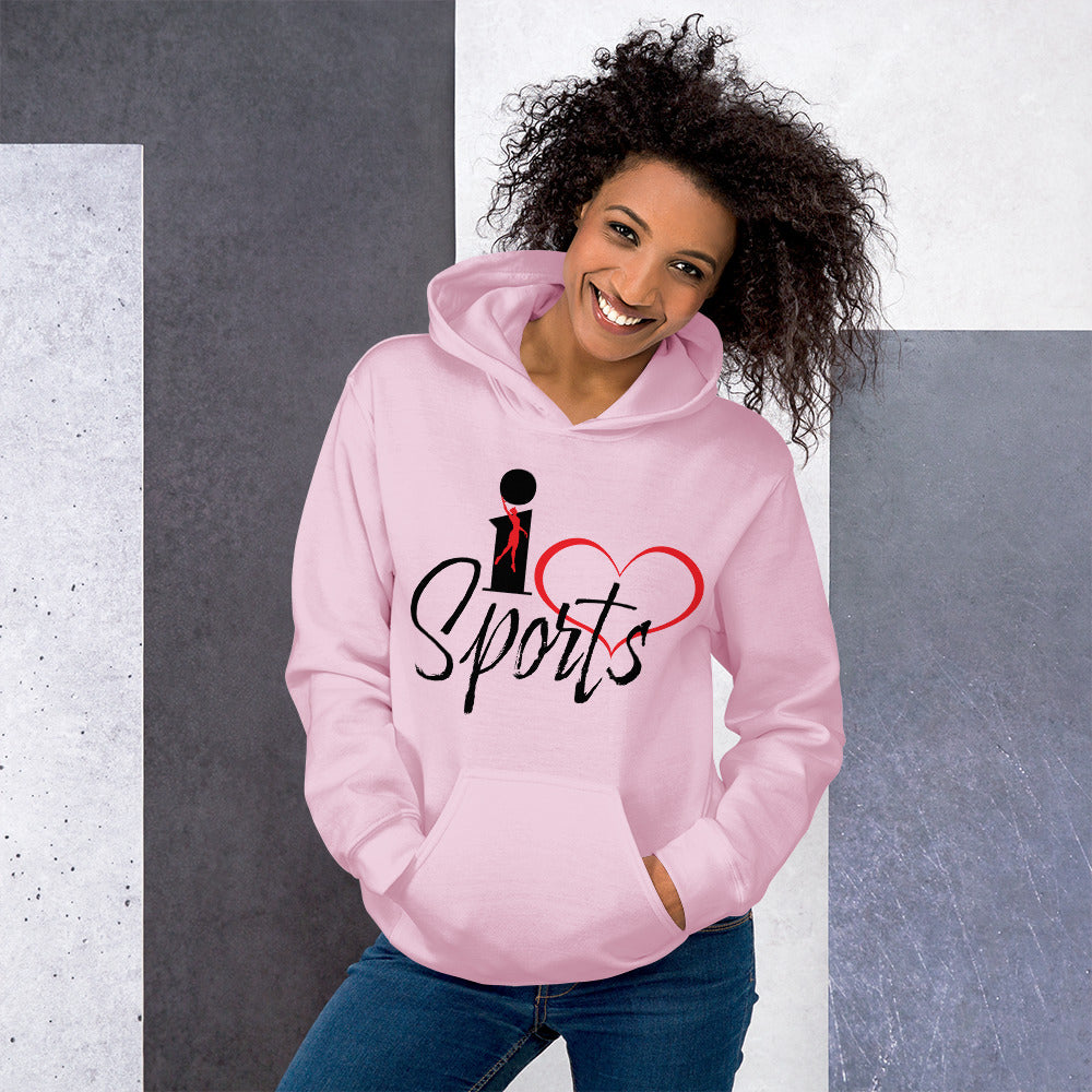 Red female silhouette and red heart graphic integrated with the letter I and the word Sports