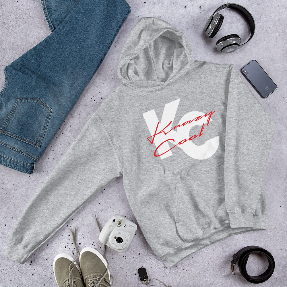 Letters K and C fused in a white graphic with the words Krazy Cool in fun, red type