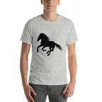 Large black silhouette graphic of Running Horse