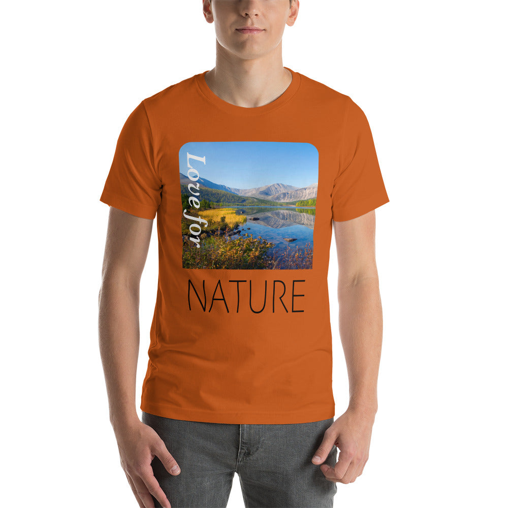 Photo of lake and mountain range combined with the words Love For Nature