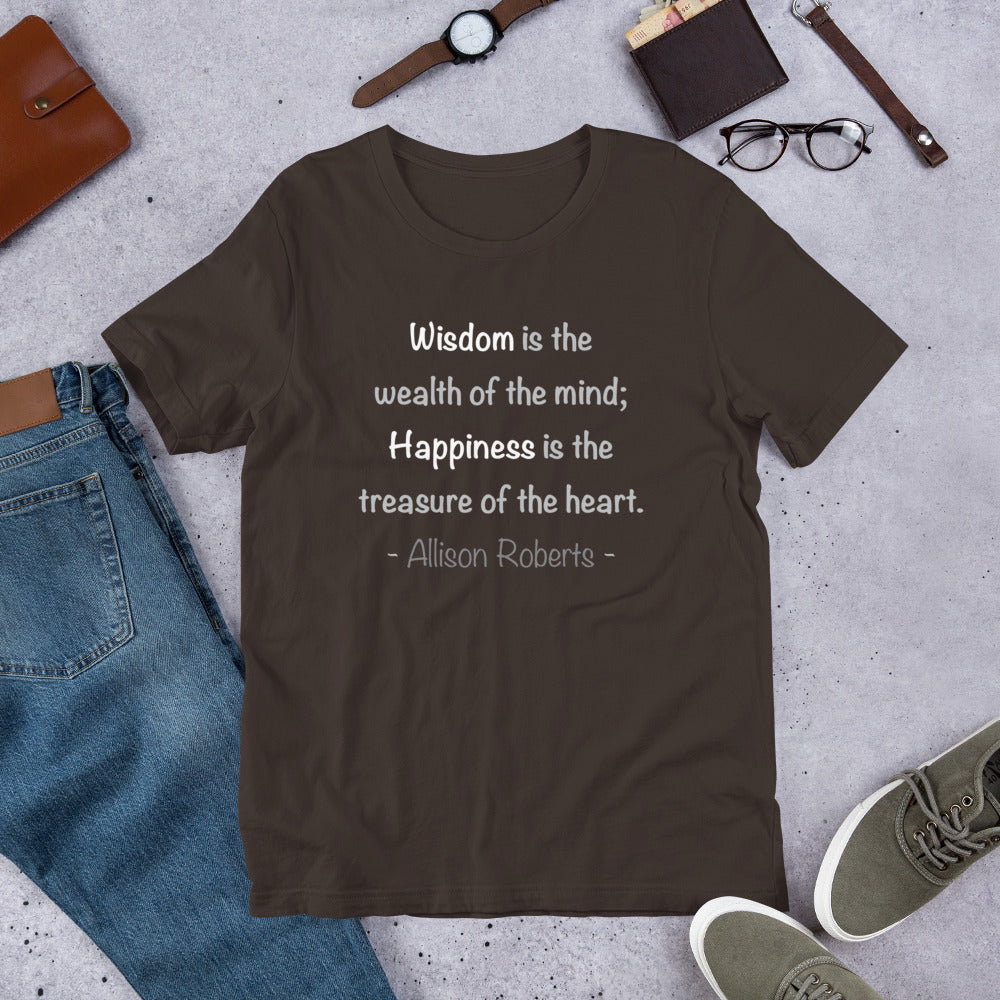 Short quote about wisdom and happiness. Text in white and grey