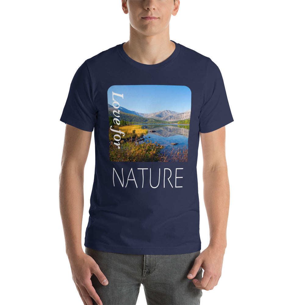 Photo of lake and mountain range combined with the words Love For Nature