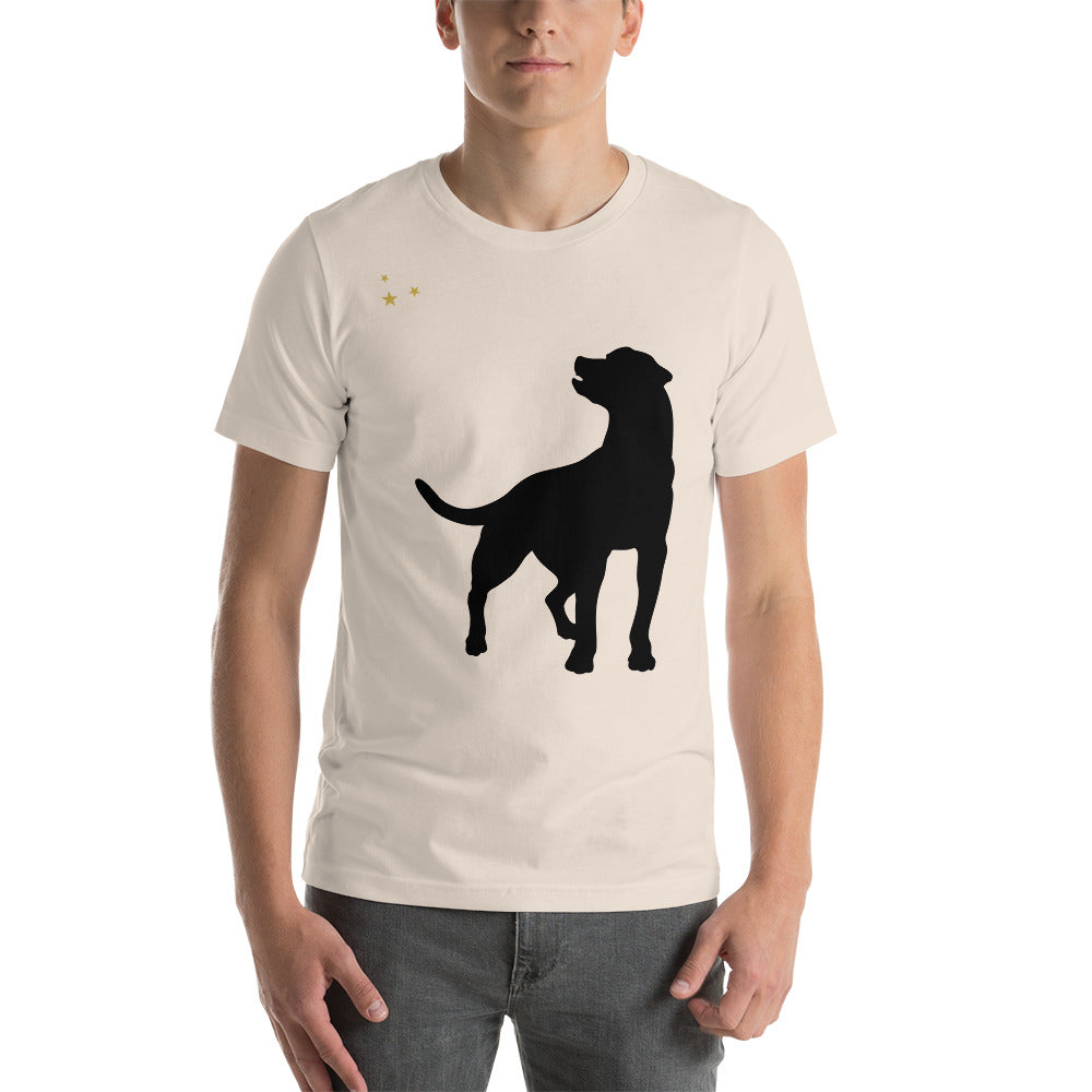 Large black silhouette graphic of Dog
