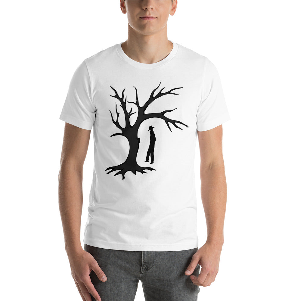 Dark colored tree graphic integrated with black silhouette of man wearing a hat 