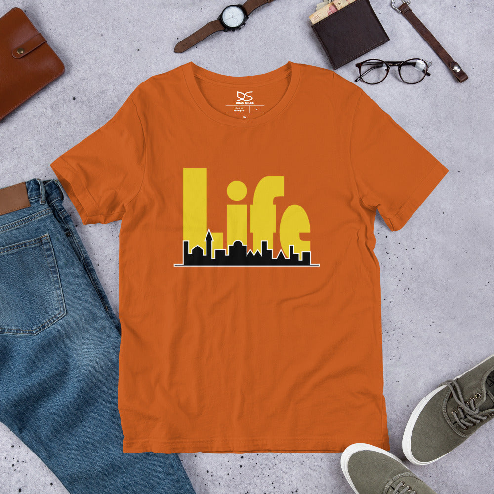 The word Life in large, bold, yellow type combined with city graphic
