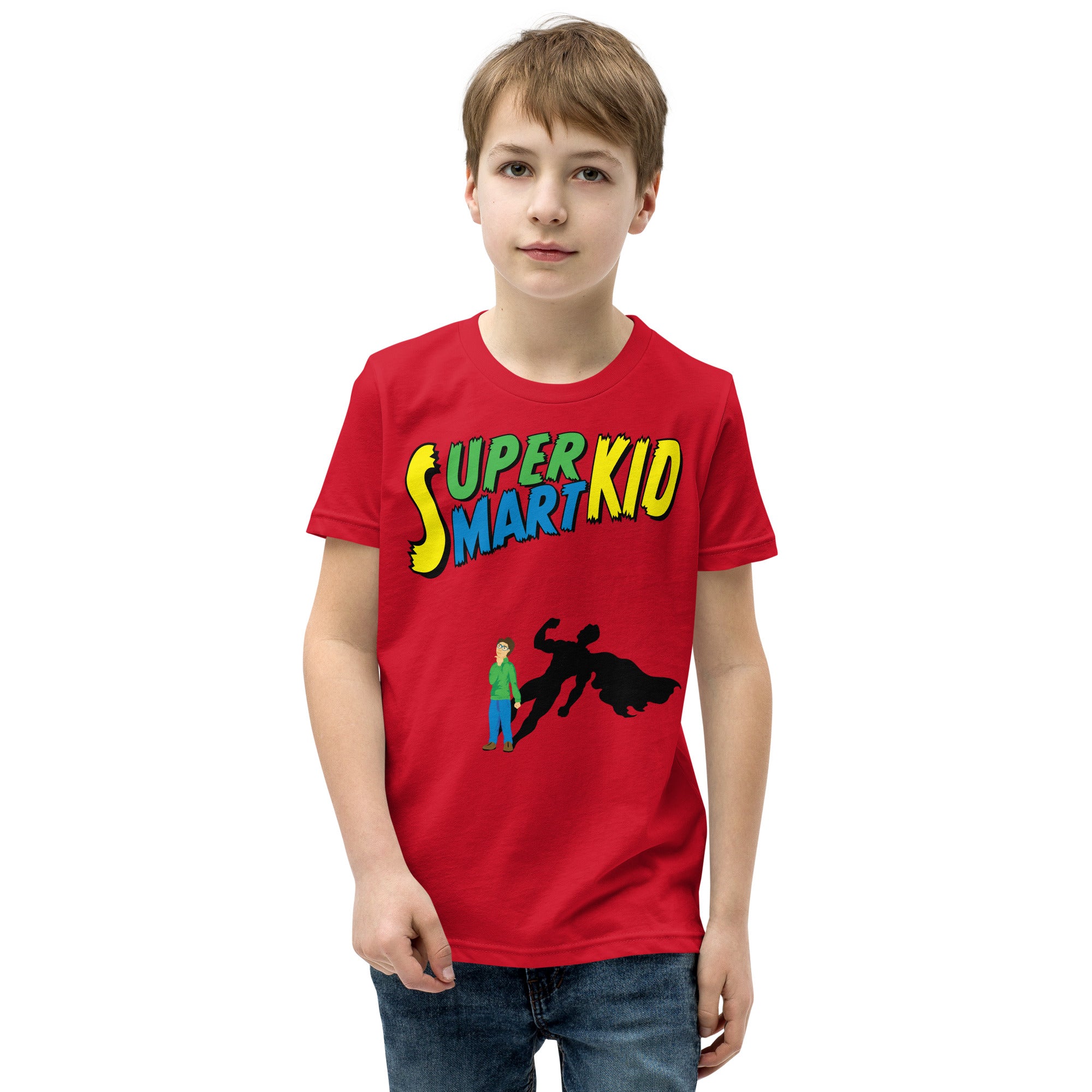 Illustration of kid with superhero shadow combined with yellow, green and blue text